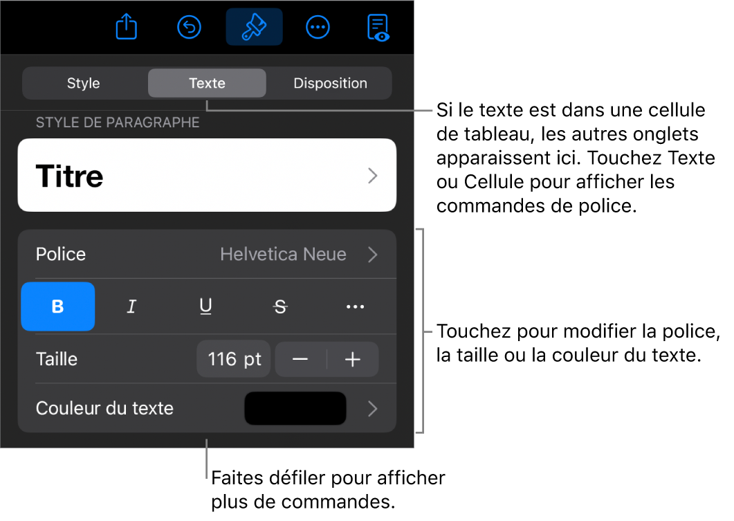 Commandes de texte du menu Format permettant de définir les styles, la police, la taille et la couleur des paragraphes et des caractères.