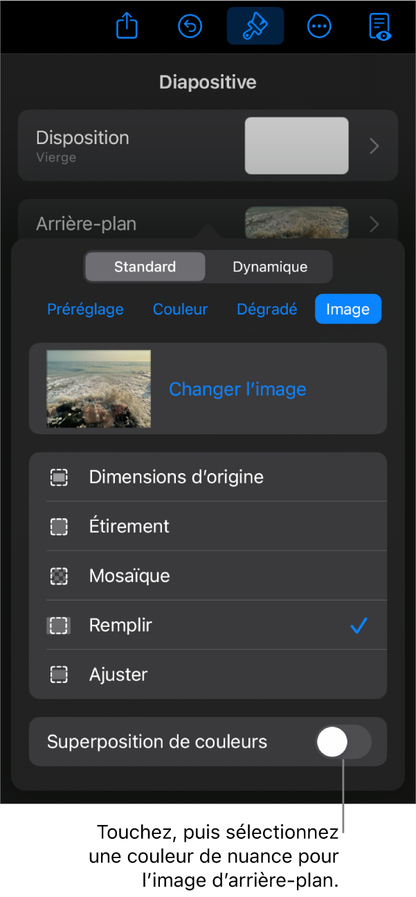 Les commandes Arrière-plan avec une image définie comme arrière-plan de la diapositive et la commande Superposition de couleurs en bas.