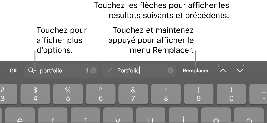 Les commandes « Rechercher et remplacer » au-dessus du clavier avec des légendes pour les boutons « Options de recherche », Remplacer, Monter et Descendre.