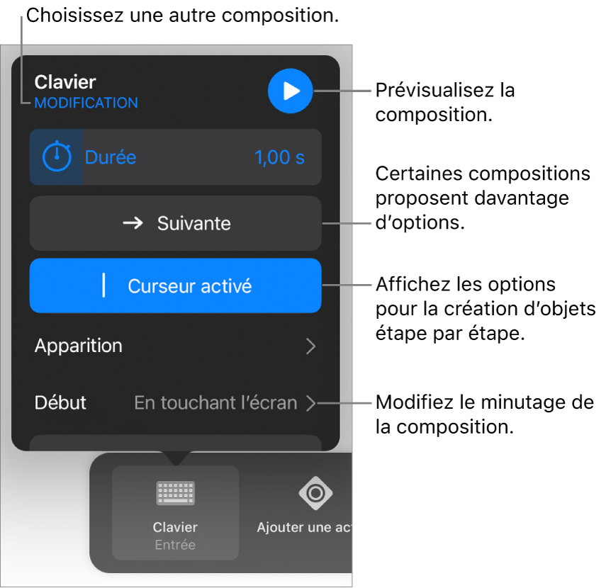 Les options de composition comprennent les options de minutage Durée, Apparition et Début. Touchez Modifier pour sélectionner une autre composition ou touchez Aperçu pour afficher un aperçu de la composition.