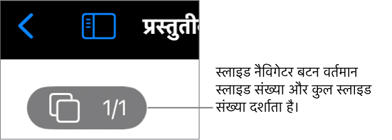 स्लाइड नैविगेटर जो प्रस्तुतीकरण में वर्तमान स्लाइड संख्या और स्लाइड की कुल संख्या दिखा रहा है।