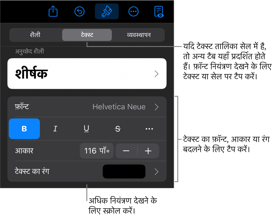 “फ़ॉर्मैट” मेनू में अनुच्छेद सेटिंग और वर्ण शैली, फ़ॉन्ट, आकार और रंग के लिए टेक्स्ट नियंत्रण।