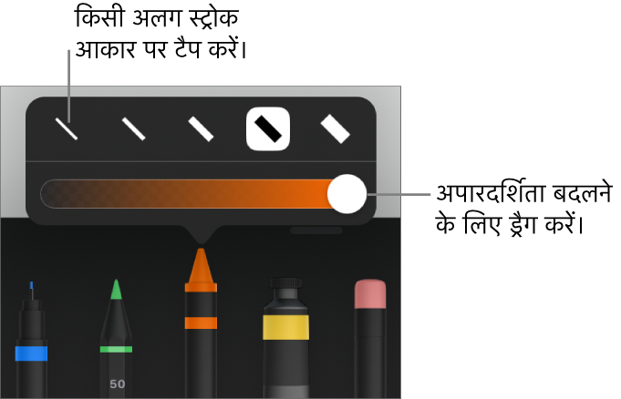 स्ट्रोक आकार चुनने और अपारदर्शिता ऐडजस्ट करने के लिए स्लाइडर चुनने के लिए नियंत्रण।
