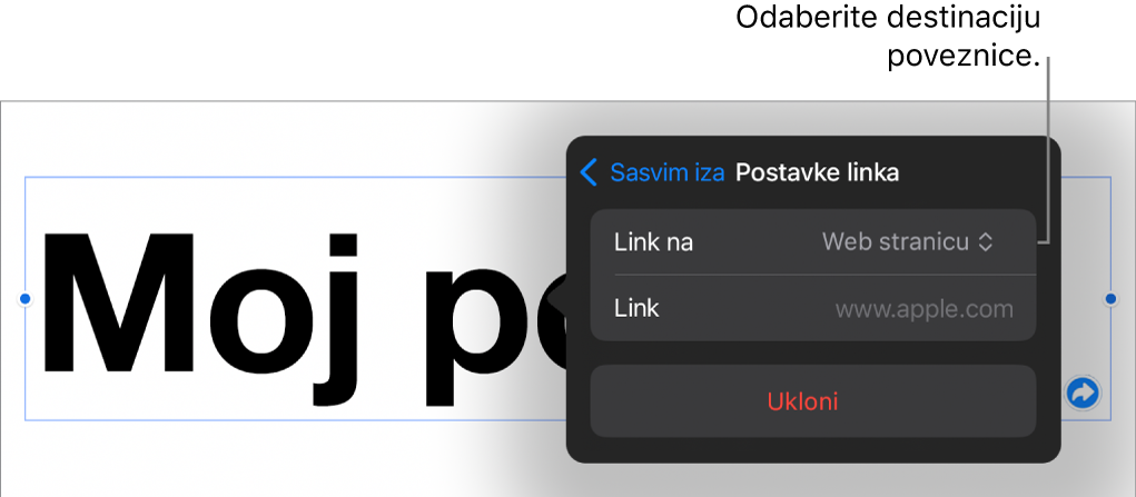 Kontrole Postavke linka s odabranom opcijom Web stranica, tipka Ukloni nalazi se na dnu.