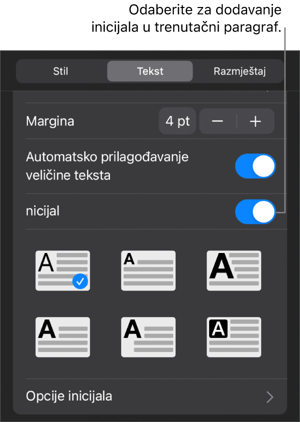 Kontrole opcija Inicijal koje se nalaze u izborniku Tekst.