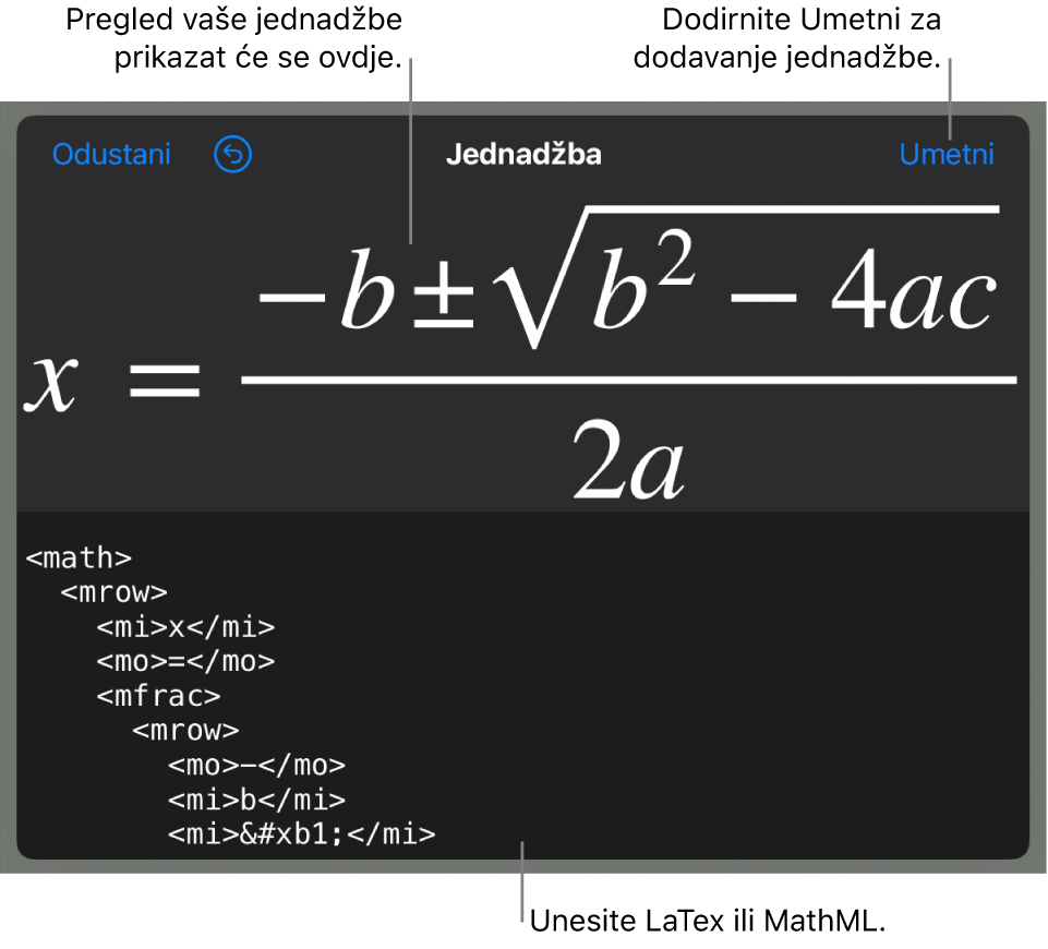 Dijaloški okvir Jednadžba koji prikazuje jednadžbu napisanu korištenjem MathML naredbi i prikaz gornje formule.