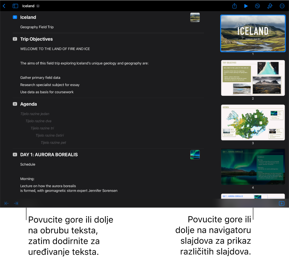 Prikaz strukture s tekstualnom strukturom prezentacije s lijeve strane zaslona i okomitim navigatorom slajdova s desne strane.