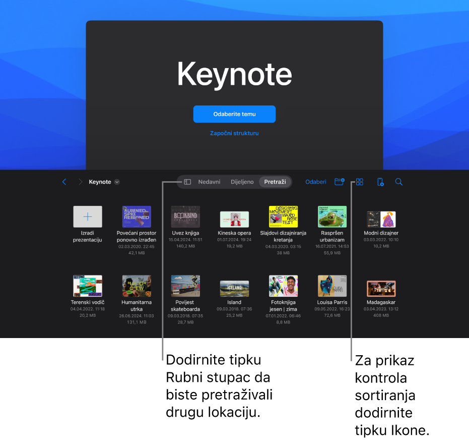 Prikaz pretraživanja upravljanja dokumentima s tipkom Rubni stupac u gornjem lijevom kutu. U gornjem desnom kutu nalazi se tipka Dodaj, tipka Nova mapa, tipka Ikone (za sortiranje prema imenu, datumu, veličini ili tagu), tipka Odaberi i tipka Pretraži. Ispod se nalaze minijature postojećih prezentacija.