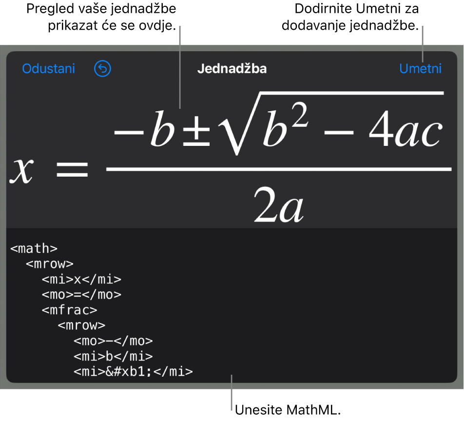 Dijaloški okvir Jednadžba koji prikazuje jednadžbu napisanu korištenjem MathML naredbi i prikaz gornje formule.