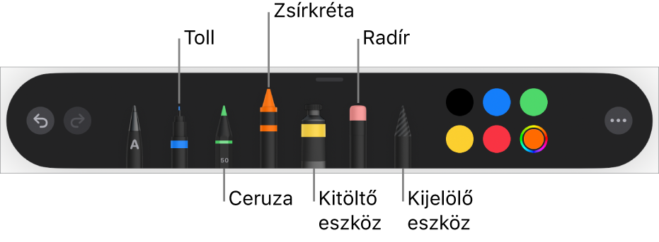 A rajz eszközsor tollal, ceruzával, zsírkrétával, kitöltőeszközzel, radírral, kijelölés eszközzel és az aktuális színt megjelenítő színrekesszel.