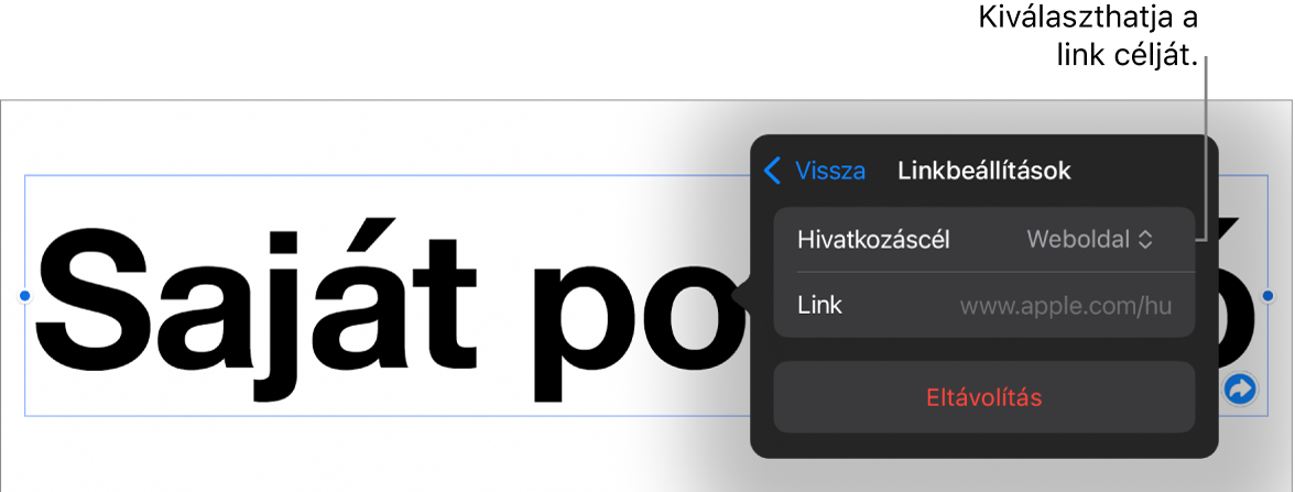 A Linkbeállítások vezérlői a kijelölt Weboldal elemmel, illetve az alul megjelenő Eltávolítás gombbal.