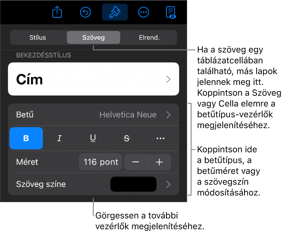 A Formátum menü szövegvezérlői a bekezdés és a karakterek stílusának, betűtípusának, méretének és színének beállításához.