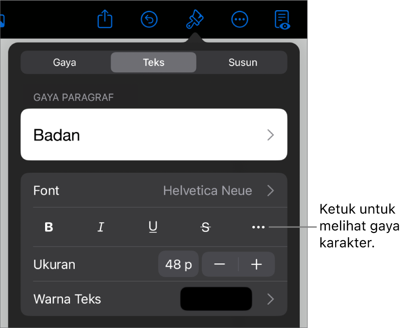Kontrol Format dengan gaya paragraf di bagian atas, lalu kontrol Font. Di bawah Font terdapat tombol Tebal, Garis Bawah, Coret, dan Pilihan Teks Lainnya.