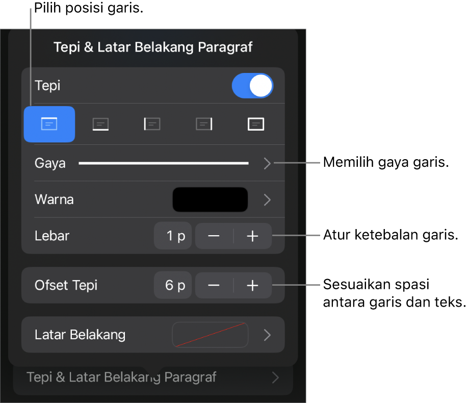 Kontrol untuk mengubah gaya, ketebalan, posisi, dan warna garis.