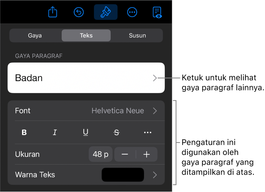 Menu Format menampilkan kontrol teks untuk mengatur paragraf dan gaya karakter, font, ukuran, dan warna.