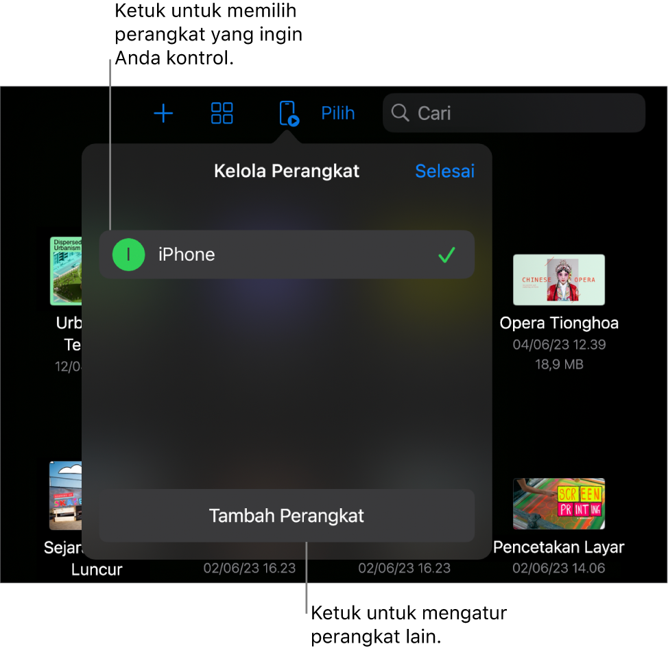 Pop-over Kelola Perangkat, menampilkan tautan Tambah Perangkat.