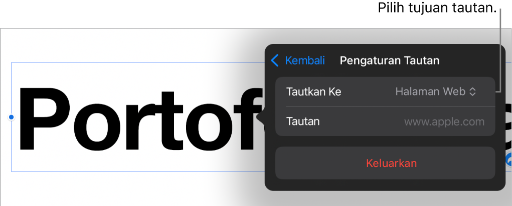 Kontrol Pengaturan Tautan dengan Halaman Web dipilih, dan tombol Hapus di bagian bawah.