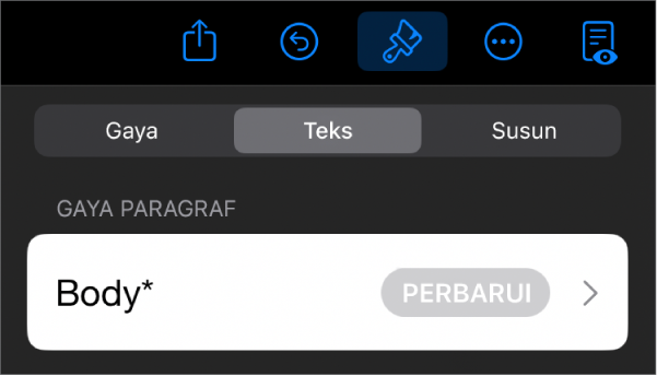 Gaya paragraf dengan asterisk di sampingnya dan tombol Perbarui di sebelah kanan.