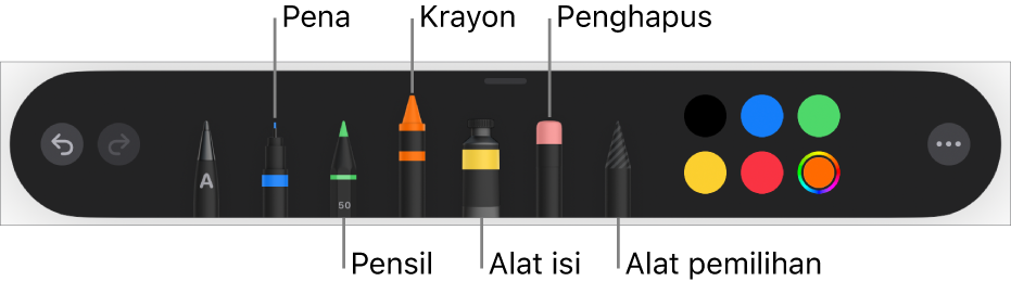 Bar alat gambar dengan alat pena, pensil, krayon, isi, penghapus, alat pemilihan, dan bidang warna yang menampilkan warna saat ini.