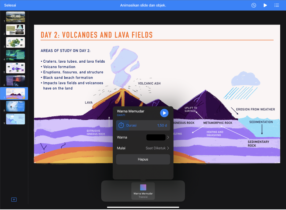 App Keynote dengan kontrol Transisi di bagian bawah layar.