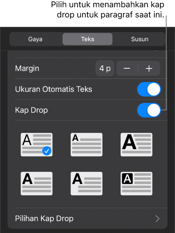 Kontrol Kap Drop terletak di menu Teks.