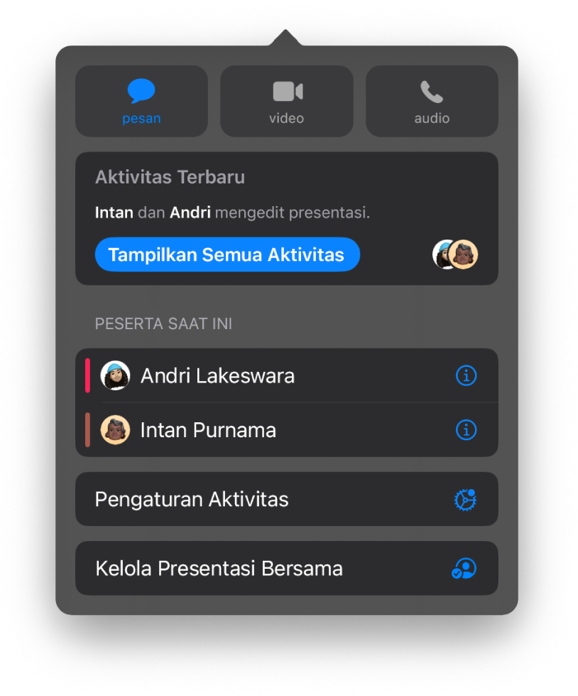Menu kolaborasi menampilkan nama orang yang berkolaborasi di presentasi.