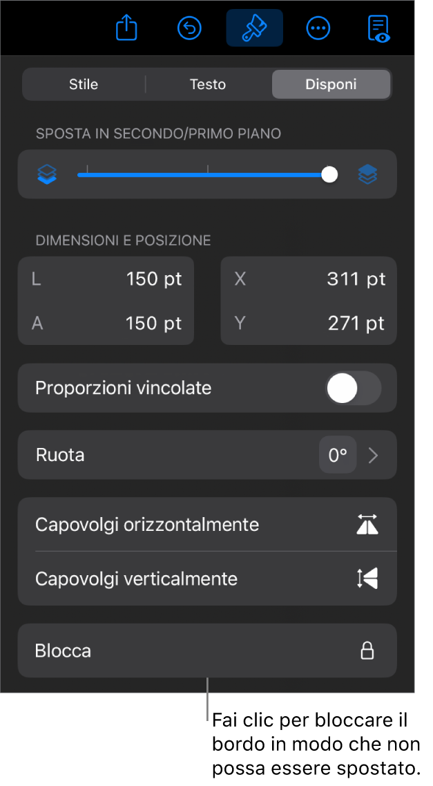 I controlli Disposizione nel menu Formato con il pulsante Blocca visibile.