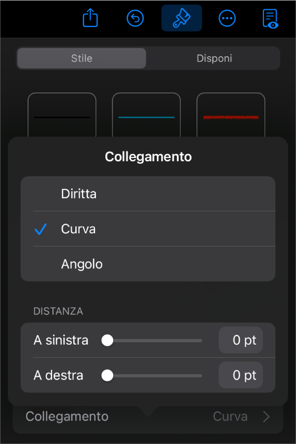 I controlli Connessione con Curva selezionato.
