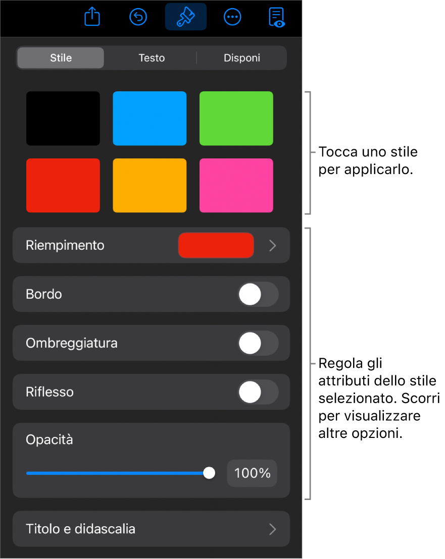 Pannello Stile del menu Formato con gli stili dell’oggetto in alto e un controllo sottostante per cambiare bordo, ombra, riflesso e opacità.