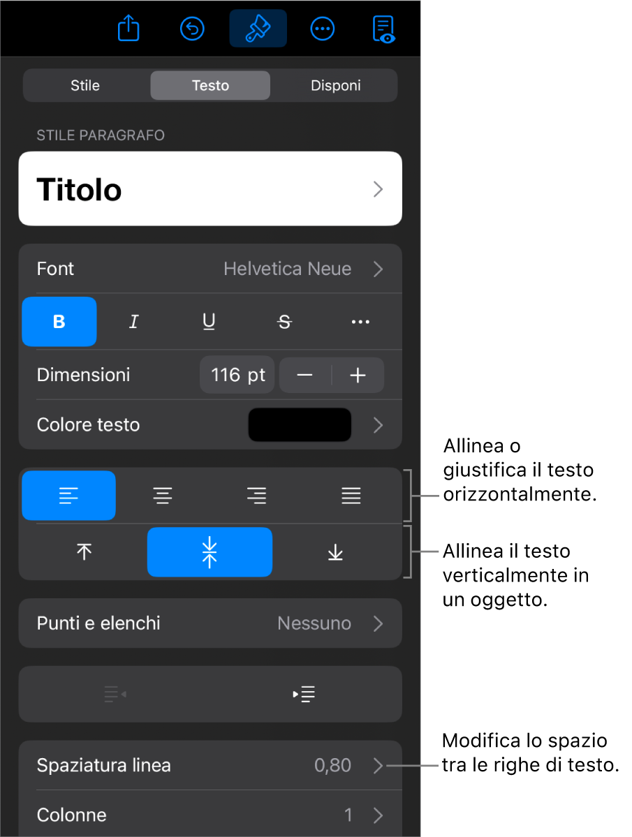 Pannello Layout con didascalie per i pulsanti di allineamento e spaziatura del testo.