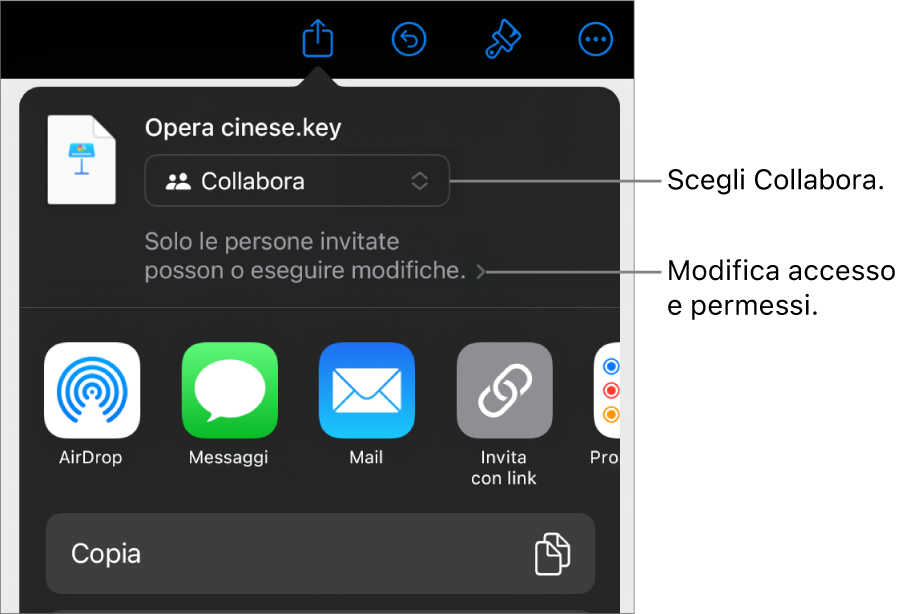 Il menu di condivisone con l’opzione Collabora selezionata in alto e le impostazioni di accesso e dei permessi sotto.