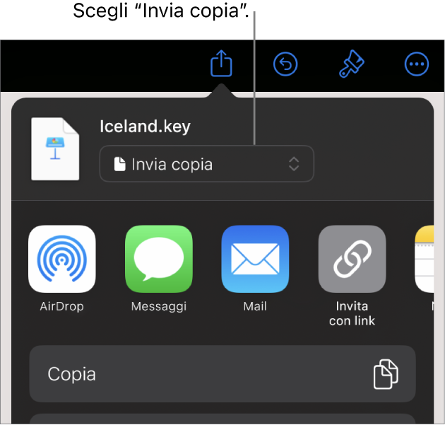 Il menu Condividi con l’opzione “Invia copia” selezionata in alto.