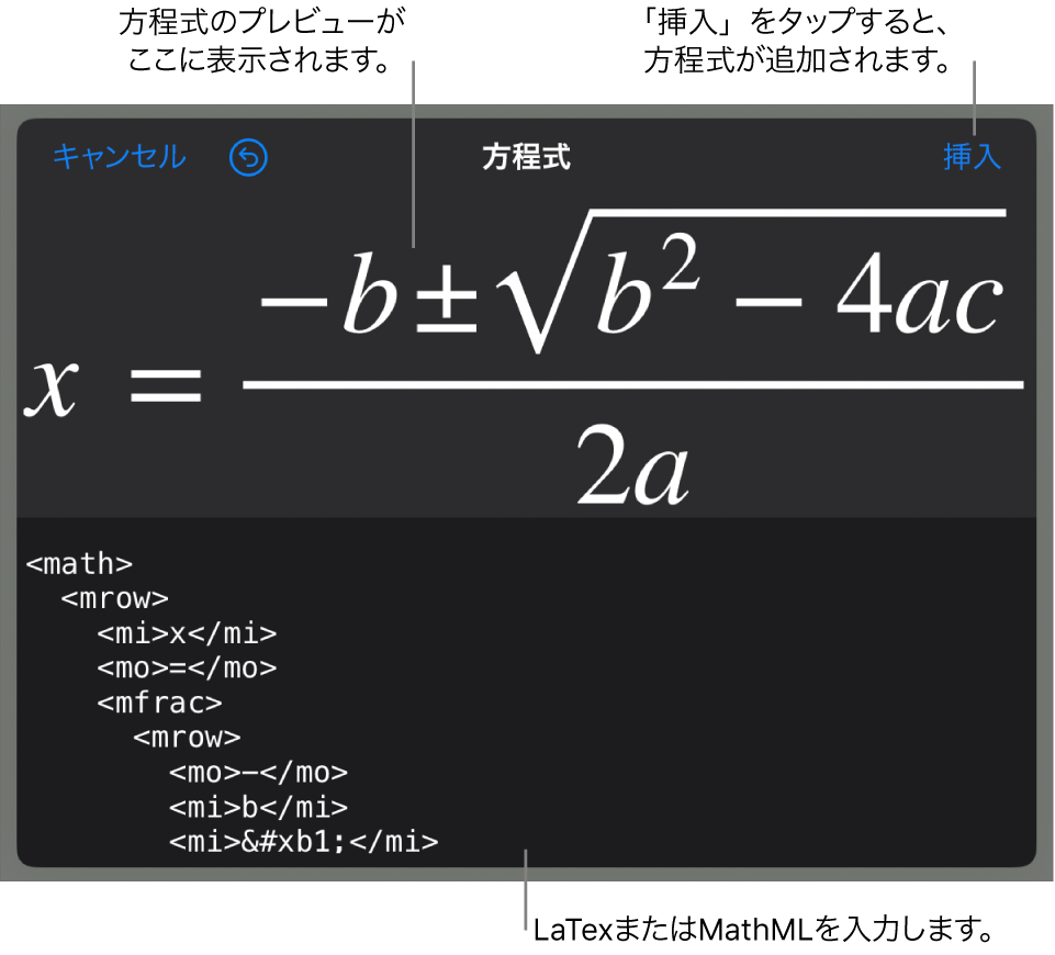 「方程式」ダイアログ。MathMLコマンドを使用して書き込まれた方程式が表示され、その上に公式のプレビューが表示されています。