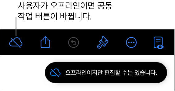 화면 상단의 버튼 중, 공동 작업 버튼이 대각선이 있는 구름으로 바뀜. ‘오프라인이지만 편집할 수는 있습니다.’라는 경고가 화면에 있음.