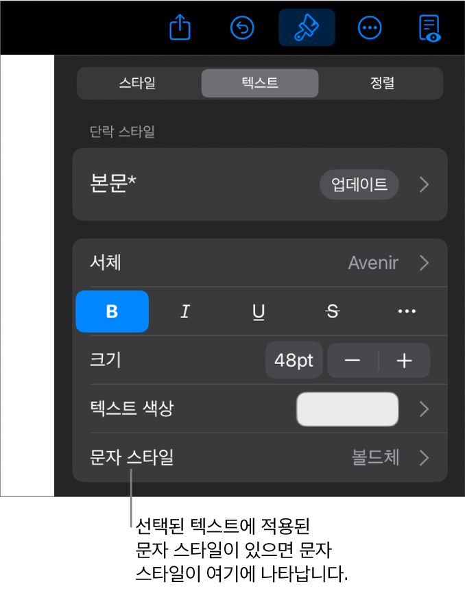 색상 제어기 아래 문자 스타일이 있는 텍스트 포맷 제어기. 문자 스타일 없음이 별표와 함께 표시됨.
