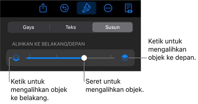 Butang Bergerak Ke Depan, butang Bergerak Ke Belakang dan gelangsar lapisan.