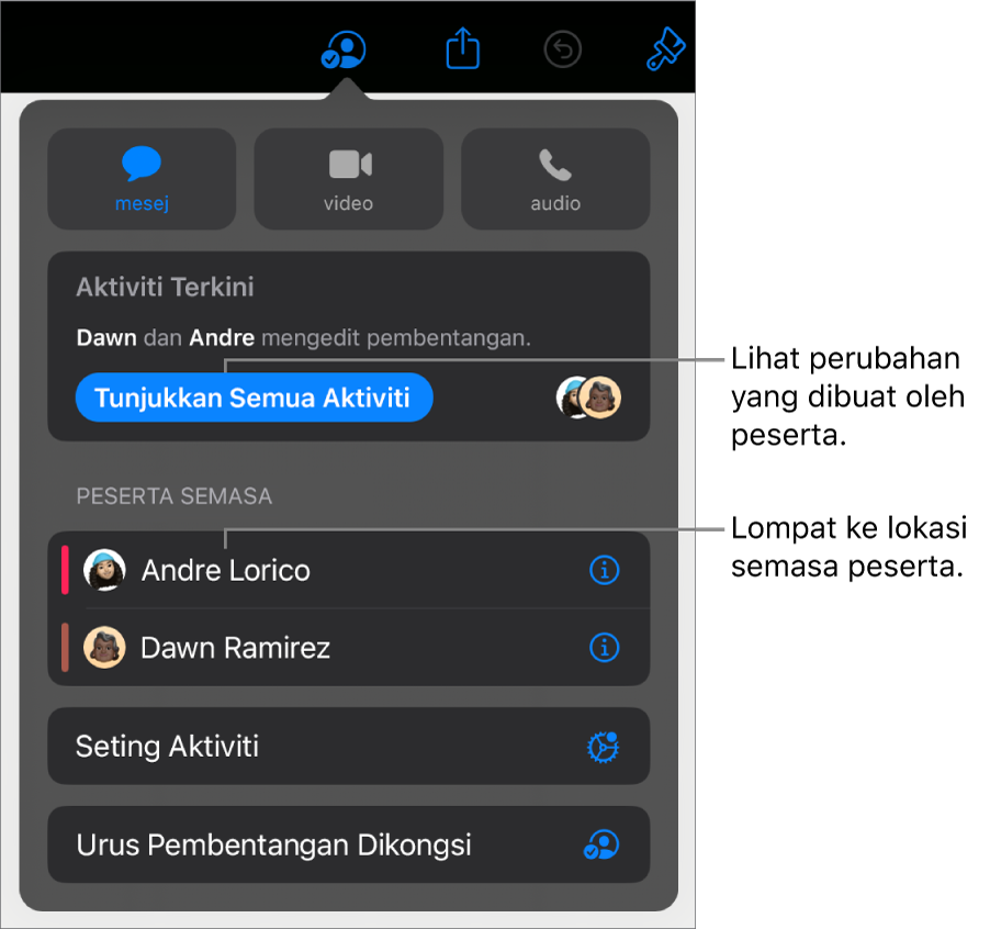Menu kerjasama dengan peserta semasa disenaraikan.