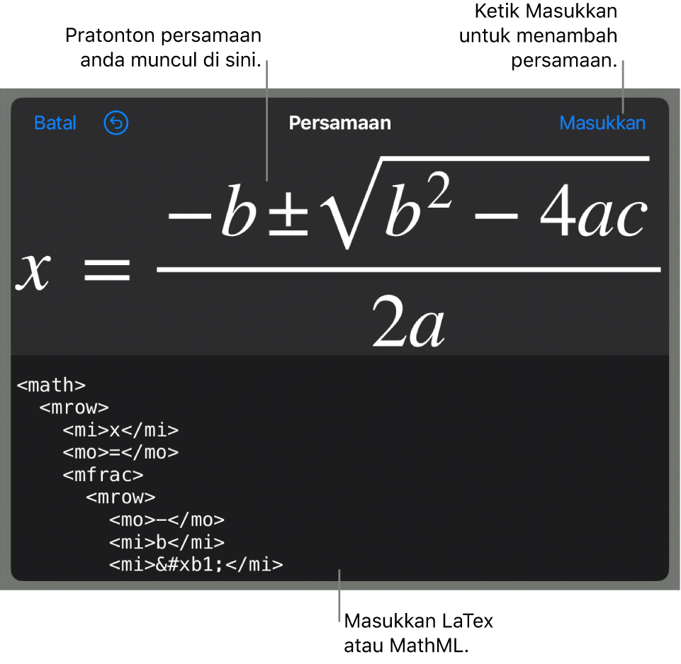 Dialog Persamaan, menunjukkan persamaan yang ditulis menggunakan perintah MathML manakala pratonton formulanya di atas.