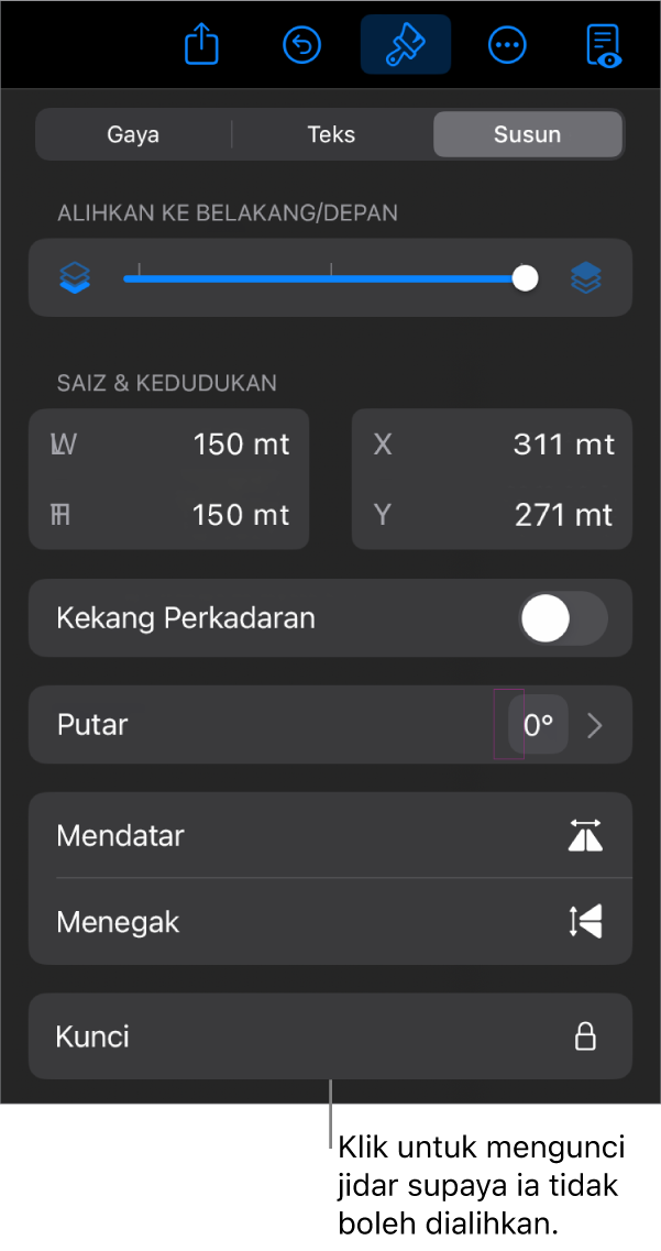 Kawalan Susun dalam menu Format dengan butang Kunci aktif.