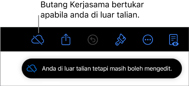 Butang di bahagian atas skrin, dengan butang Kerjasama bertukar menjadi awan dengan garis pepenjuru merentasinya. Isyarat pada skrin menyatakan “Anda di luar talian tetapi masih boleh mengedit”.