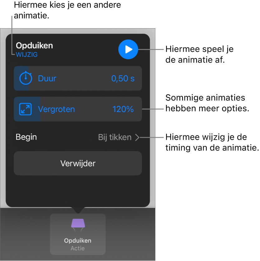 Je kunt opties instellen als 'Duur' en 'Begin'. Tik op 'Wijzig' om een andere animatie te kiezen. Tik op 'Toon' voor een voorvertoning van de animatie.