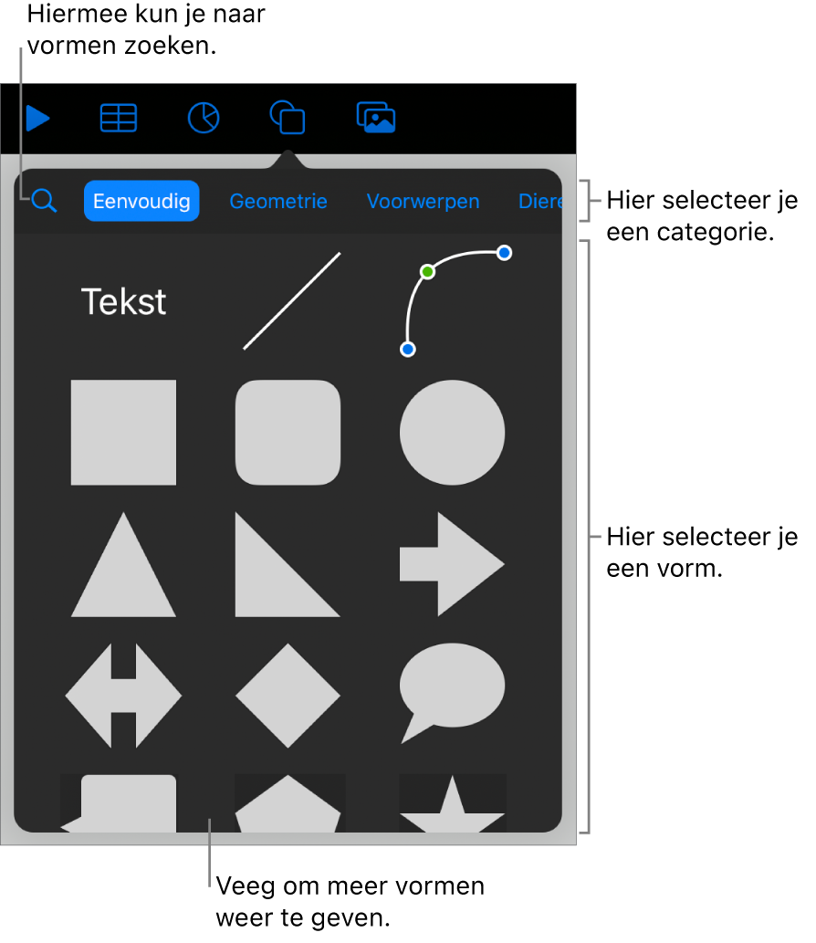 De vormenbibliotheek met bovenaan categorieën en onderaan vormen. Je kunt het zoekveld bovenaan gebruiken om vormen te zoeken. Veeg om meer opties weer te geven.