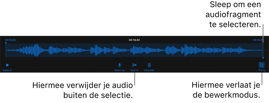 Regelaars voor het bewerken van audio-opnamen. Selectiegrepen geven aan welk gedeelte van de opname geselecteerd is. Eronder staan knoppen voor beluisteren, opnemen, inkorten, verwijderen en bewerken.