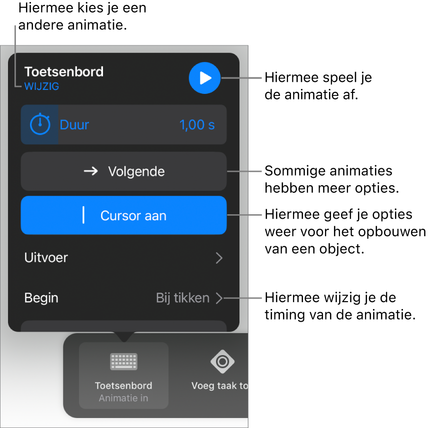 Je kunt opties instellen als 'Duur', 'Uitvoer' en 'Begin'. Tik op 'Wijzig' om een andere animatie te kiezen. Tik op 'Toon' voor een voorvertoning van de animatie.