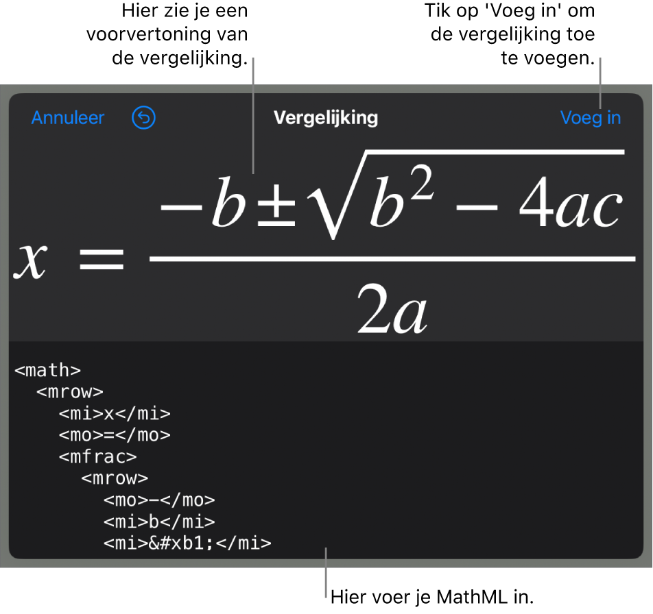 Het venster 'Vergelijking' met daarin een vergelijking die geschreven is met MathML-commando's en erboven een voorvertoning van de formule.