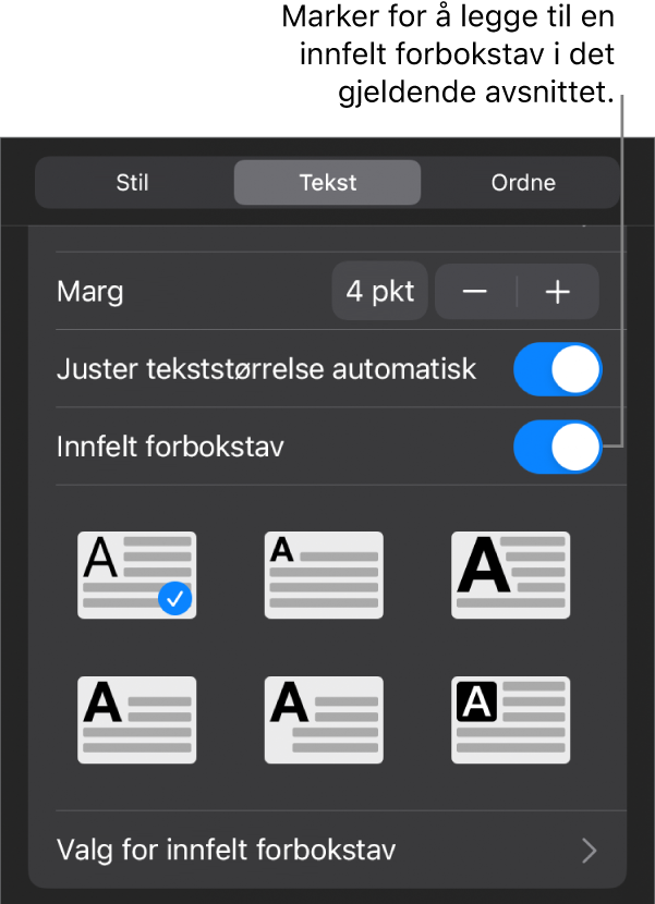 Innfelt forbokstav-kontrollene vises i Tekst-menyen.