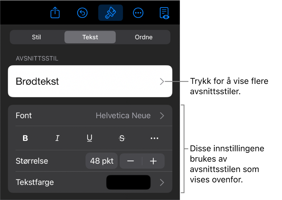 Format-menyen som viser tekstkontroller for å angi avsnitts- og tegnstiler, font, størrelse og farge.