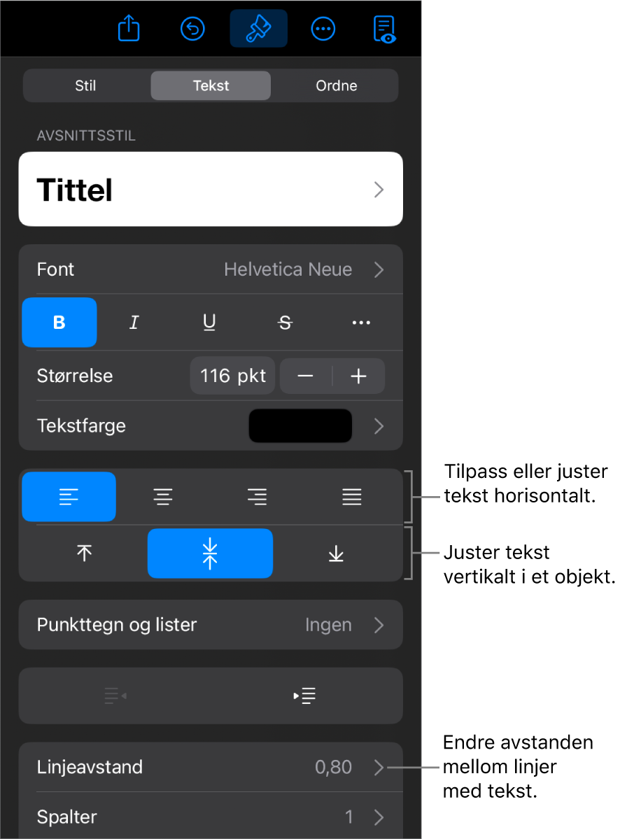 Layout-panelet med forklaringer for knapper for tekstjustering og -avstand.