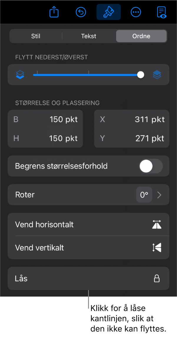 Ordne-kontrollene i Format-menyen med Lås-knappen framhevet.