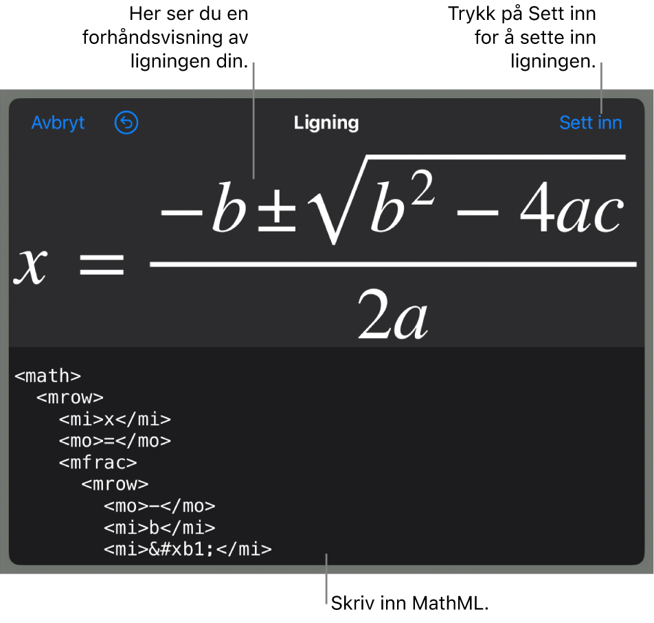 Ligning-dialogruten, som viser en formel skrevet med MathML-kommandoer, og en forhåndsvisning av formelen ovenfor.